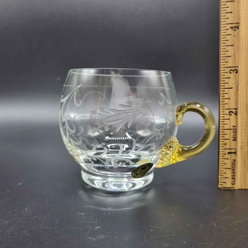 Vintage MCM Glass Etched Tea Cup Amber Handle Vintage Clear 3